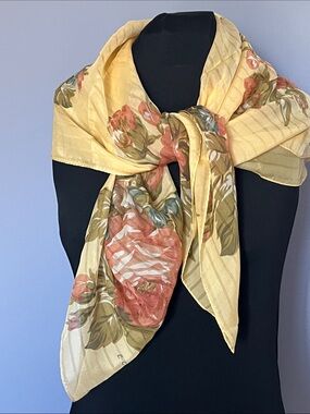 Vintage Echo Silk Scarf Sheer Floral Yellow 34x36 Cottagecore Romantic Square